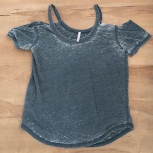 Distressed cold shoulder tee